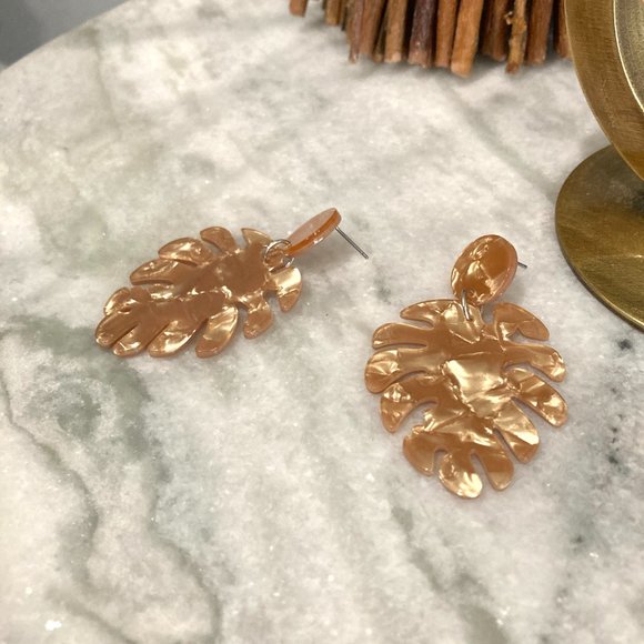 Monstera Leaf Tropical Golden Bronze Resin Tortoise Shell Earrings - Picture 5 of 5